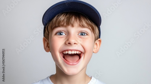 Happy Boy in Blue Cap Smiling and Looking at Camera