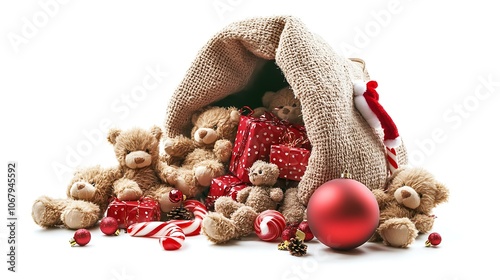 Classic Santa sack with gifts spilling out, including teddy bears, candy canes, and festive ornaments, isolated on white photo