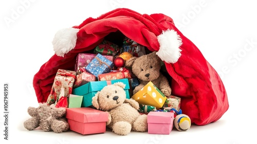 Large red Santa bag filled with various gift boxes and toys peeking out, set against a white background photo