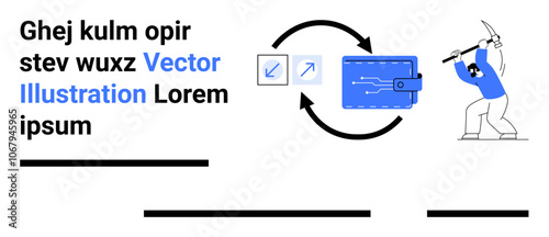 Digital wallet, transfer arrows, small and large icon, and cartoon miner in blue. Ideal for fintech, blockchain, cryptocurrency, online transaction, data security, investment, tech start-ups. Landing