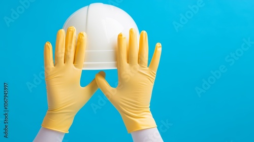 Yellowgloved hands holding white hard hat, a closeup symbolizing workplace safety and protection photo