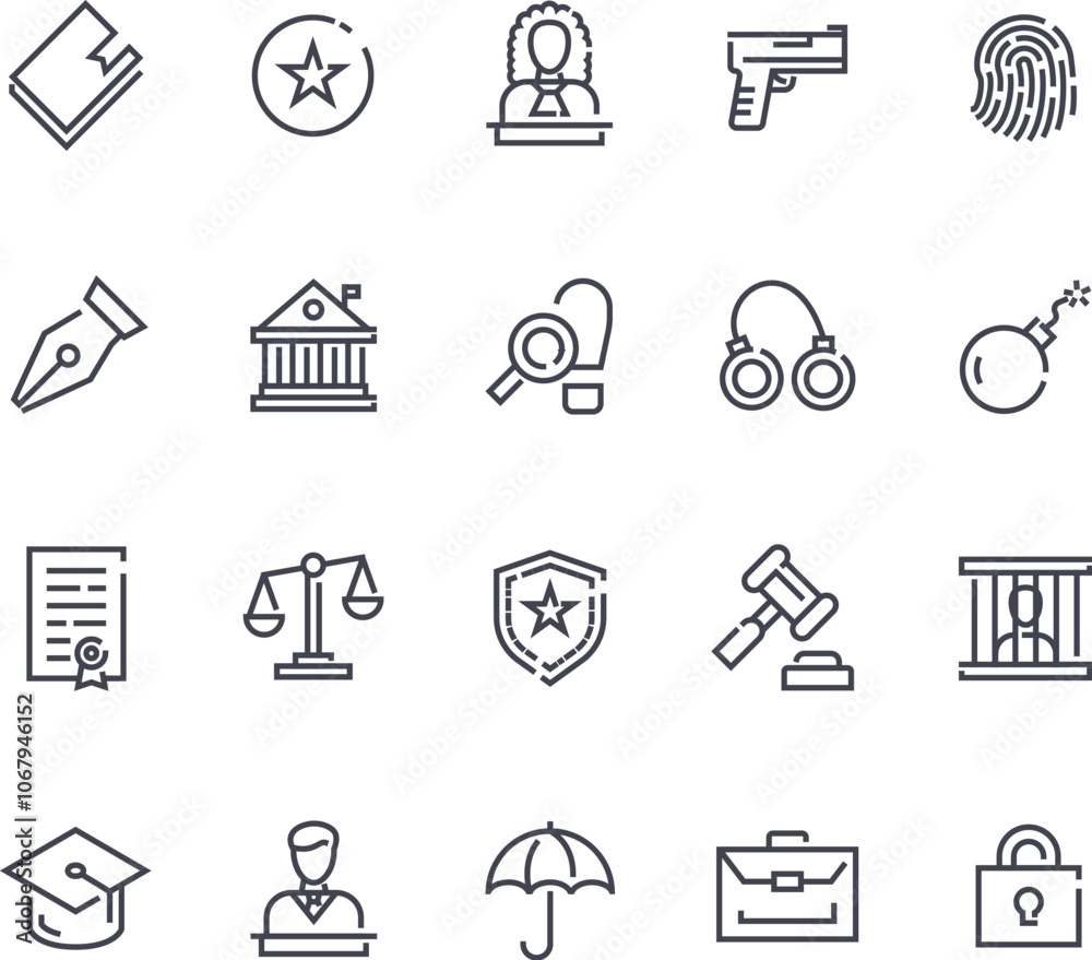 Set of outline icons themed around law, justice, and security. It includes symbols of legal documents, a judge, firearms, fingerprint identification, writing tools, a courthouse, detective tools ...