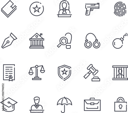Obraz na płótnie Set of outline icons themed around law, justice, and security. It includes symbols of legal documents, a judge, firearms, fingerprint identification, writing tools, a courthouse, detective tools ... w salonie