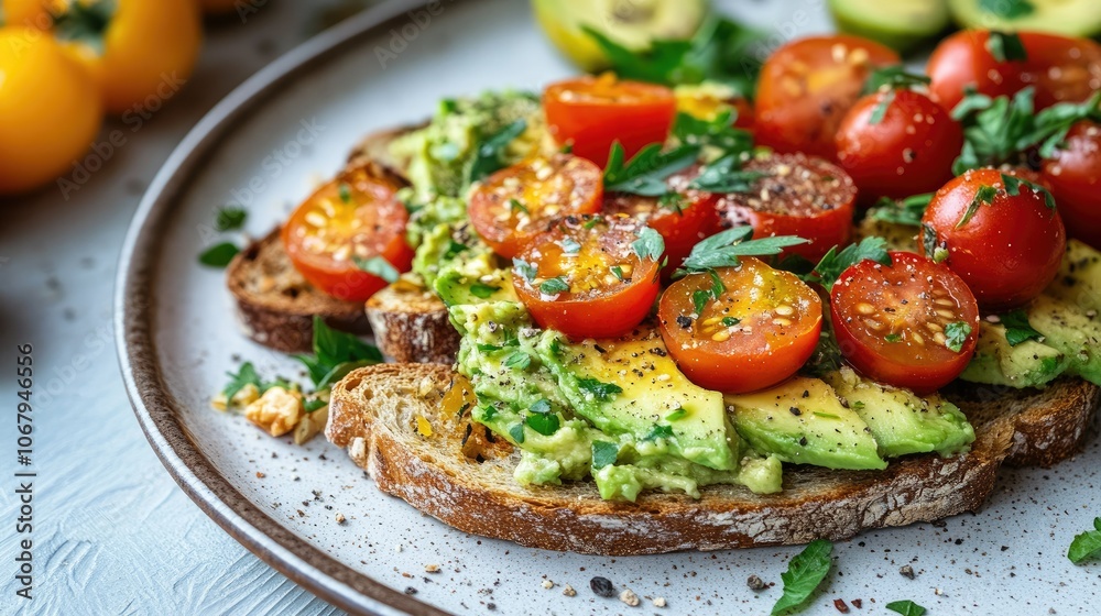 A plate of gluten-free bread slices with a generous spread of avocado, cherry tomatoes, and a sprinkle of herbs, perfect for a healthy meal. A plate of gluten-free bread slices with a generous spread of avocado, cherry tomatoes, and a sprinkle of herbs, perfect for a healthy meal.