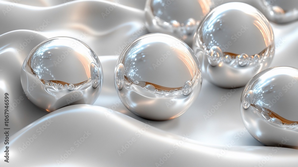 A group of shiny silver spheres sit on a soft, white, wavy, fabric surface. The spheres reflect the light, creating a sense of luxury and sophistication. A group of shiny silver spheres sit on a soft, white, wavy, fabric surface. The spheres reflect the light, creating a sense of luxury and sophistication.