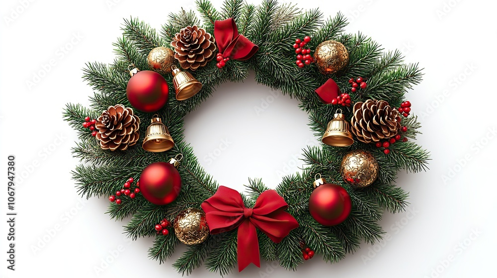 A Christmas wreath with red ribbons and golden bells symbolizes holiday cheer, making it ideal for Christmas-themed greeting cards and banners. A Christmas wreath with red ribbons and golden bells symbolizes holiday cheer, making it ideal for Christmas-themed greeting cards and banners.