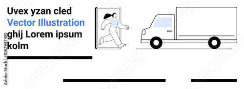 Woman stepping out of a smartphone alongside a delivery truck. Ideal for logistics, delivery services, mobile apps, transportation, marketing campaigns, startup pitches, and technology concepts