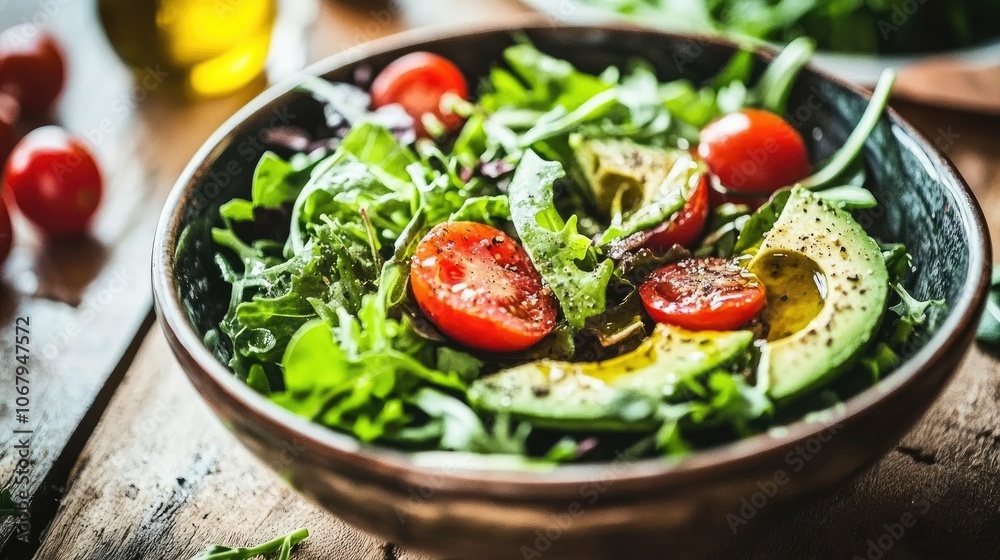 A salad bowl with leafy greens, cherry tomatoes, and avocado slices, served with a drizzle of olive oil on a rustic table. A salad bowl with leafy greens, cherry tomatoes, and avocado slices, served with a drizzle of olive oil on a rustic table.