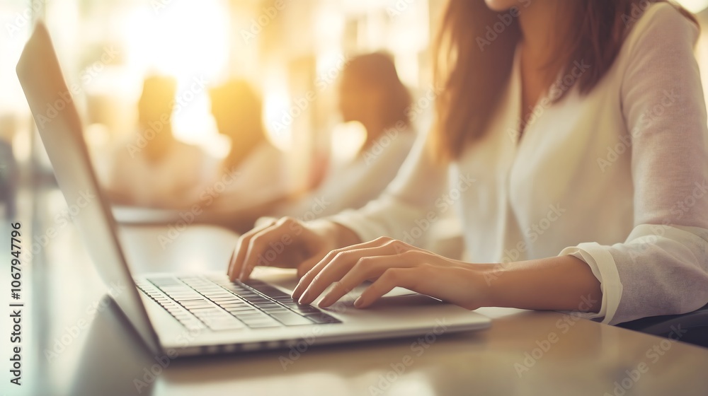 Fototapeta premium Modern home office scene featuring a focused individual in a comfortable chair,utilizing laptop an web camera for remote hiring success,accompanied by natural lighting ,potted plant decor,and spacious