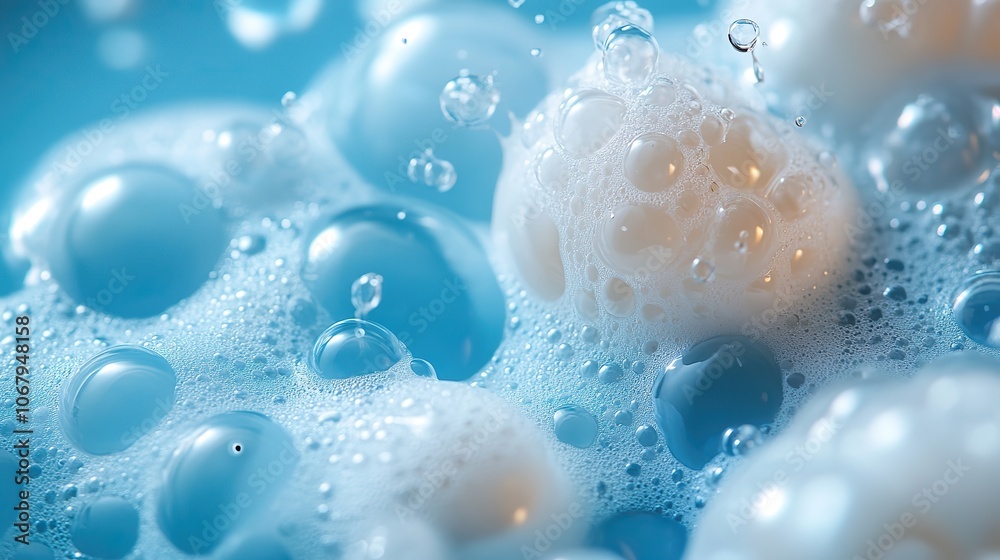 A close-up of white soap foam bubbles on a blue background, perfect for banners, posters, or greeting cards promoting beauty products, cleaning, or personal hygiene concepts. A close-up of white soap foam bubbles on a blue background, perfect for banners, posters, or greeting cards promoting beauty products, cleaning, or personal hygiene concepts.
