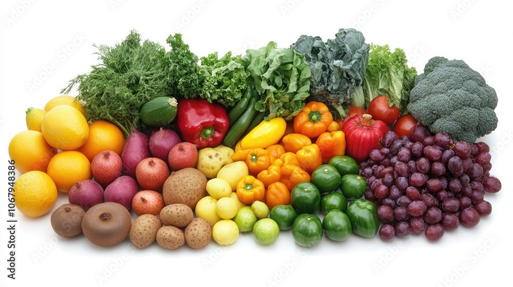 A vibrant rainbow of fruits and vegetables laid out in a grid pattern, emphasizing variety and health on a white background. A vibrant rainbow of fruits and vegetables laid out in a grid pattern, emphasizing variety and health on a white background.