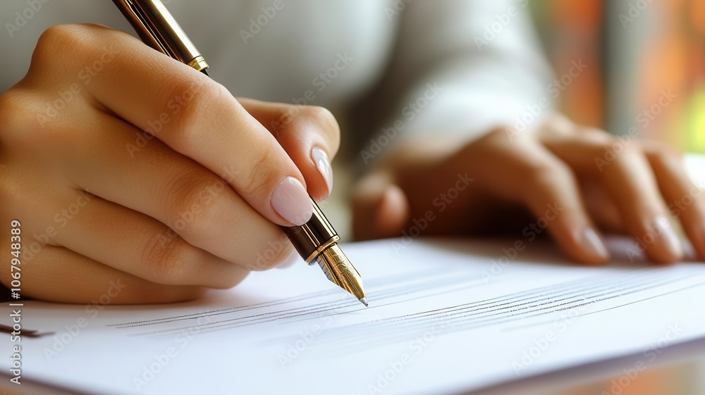 Close-up hands signing contract, elegant pen on document, serious business deal, high detail, professional setting, soft lighting Close-up hands signing contract, elegant pen on document, serious business deal, high detail, professional setting, soft lighting
