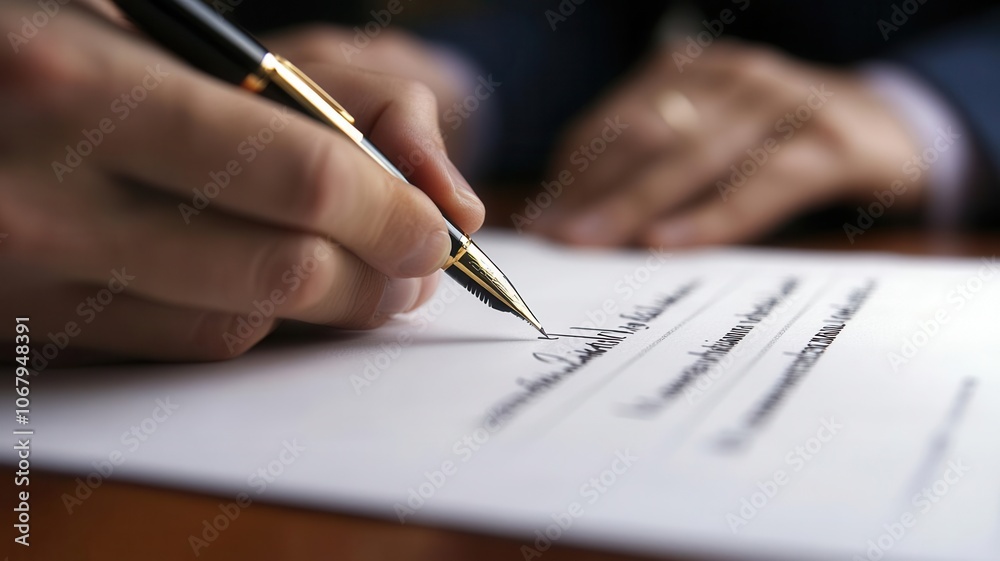 Close-up signing of document, pen on paper, high-detail, business partners agreeing, formal setting Close-up signing of document, pen on paper, high-detail, business partners agreeing, formal setting