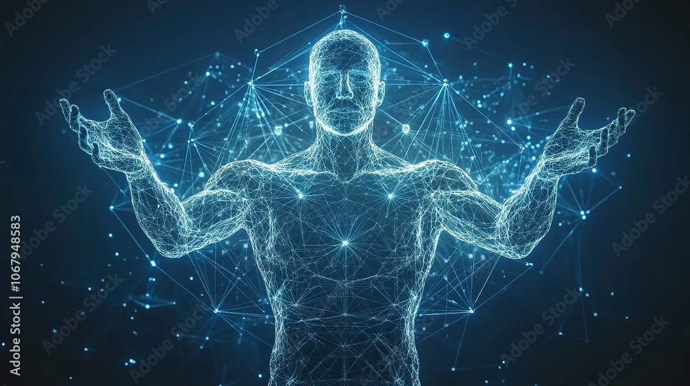 A man covers an abstract icon of the Vitruvian Man with his hand A man covers an abstract icon of the Vitruvian Man with his hand