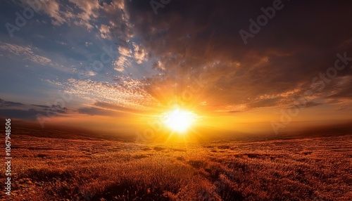 A big sun rises under the dark sky