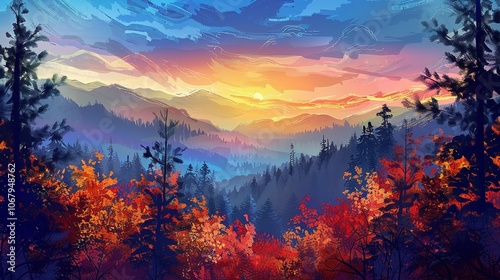 Twilight Glow: Autumn Forest in the Mountains Bathed in Sunset Light