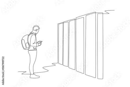 Man confirms travel locker. Travel locker concept one-line drawing