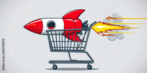 Supermarket Cart with 3D Rocket Representing Fast Shopping on a Solid Background