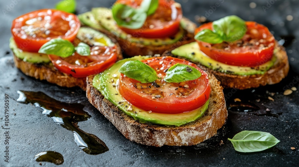 Gluten-free bread slices served with avocado, tomatoes, and olive oil drizzles, offering a delicious and healthy snack. Gluten-free bread slices served with avocado, tomatoes, and olive oil drizzles, offering a delicious and healthy snack.