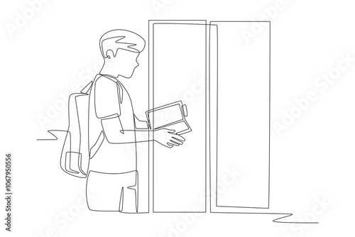 Man checking files in front of travel locker. Travel locker concept one-line drawing