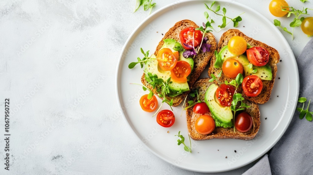 Gluten-free bread slices with creamy avocado, colorful cherry tomatoes, and microgreens, arranged beautifully on a white plate. Gluten-free bread slices with creamy avocado, colorful cherry tomatoes, and microgreens, arranged beautifully on a white plate.