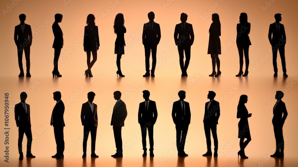 A collage of business people silhouettes in various poses, showing teamwork and leadership, arranged against a minimalistic gradient background, isolated in a 16:9 aspect ratio A collage of business people silhouettes in various poses, showing teamwork and leadership, arranged against a minimalistic gradient background, isolated in a 16:9 aspect ratio