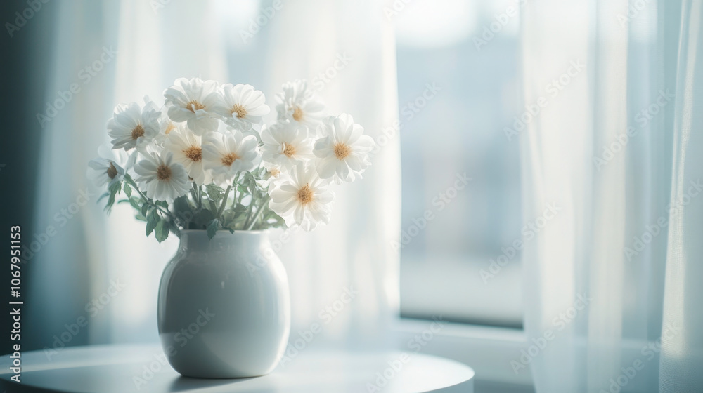 beautiful white vase filled with fresh white flowers sits on tabletop near window, creating serene and calming atmosphere. soft light enhances delicate petals and adds touch of elegance to scene