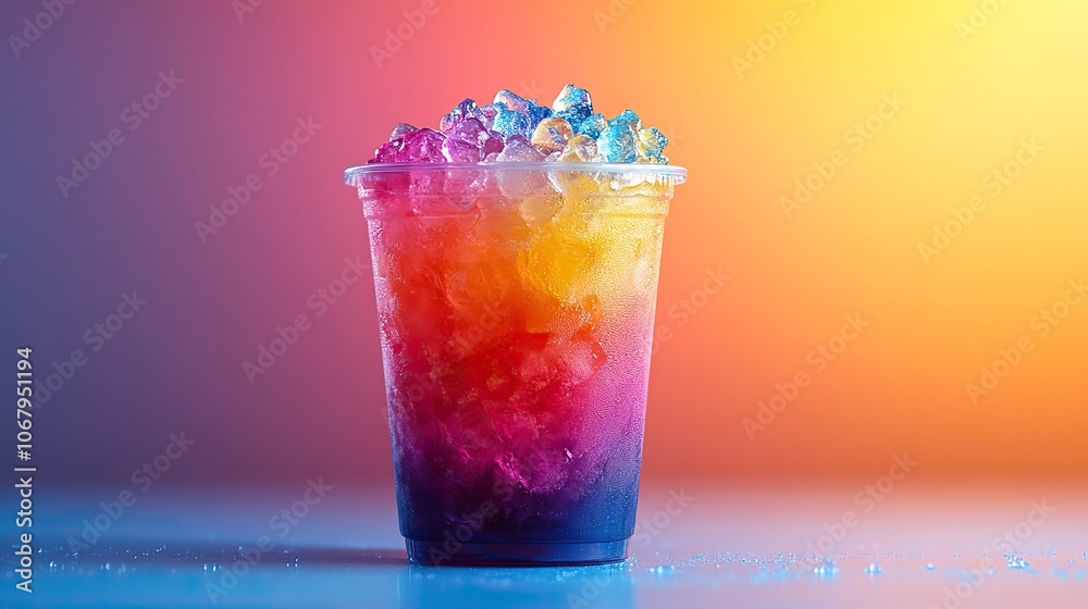 A colorful rainbow slushie drink shines in a plastic cup against a gradient backdrop, promoting summer refreshments with a tropical crushed-ice beverage concept, leaving space for text. A colorful rainbow slushie drink shines in a plastic cup against a gradient backdrop, promoting summer refreshments with a tropical crushed-ice beverage concept, leaving space for text.