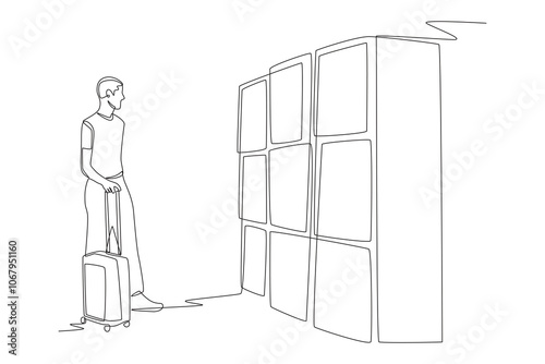 Man looking at travel locker. Travel locker concept one-line drawing