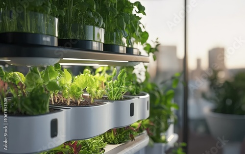 A modern hydroponic setup with vegetables growing healthily in a nutrient-rich solution, free from soil photo