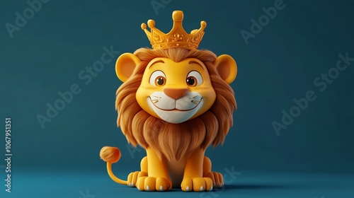 Cute cartoon lion wearing a golden crown, smiling and sitting on a teal background.