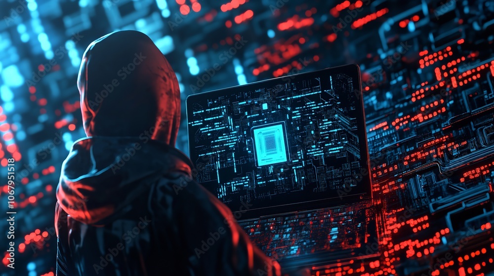Abstract digital anonymous hacker with light blue laptop Abstract digital anonymous hacker with light blue laptop