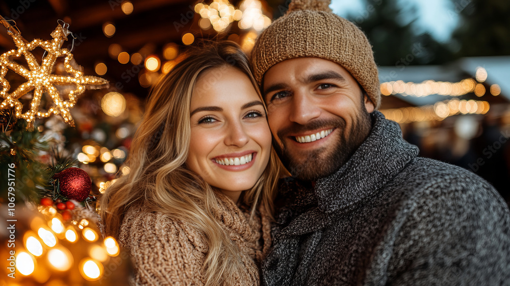Couple smiling warmly at festive market, surrounded by lights and decorations Couple smiling warmly at festive market, surrounded by lights and decorations