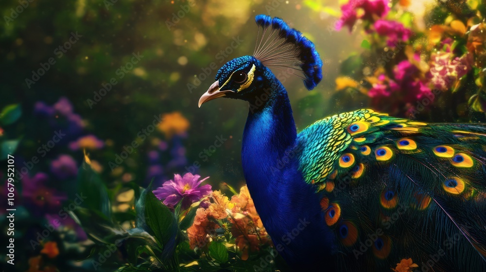 Fototapeta premium Peacock in a Garden of Colors