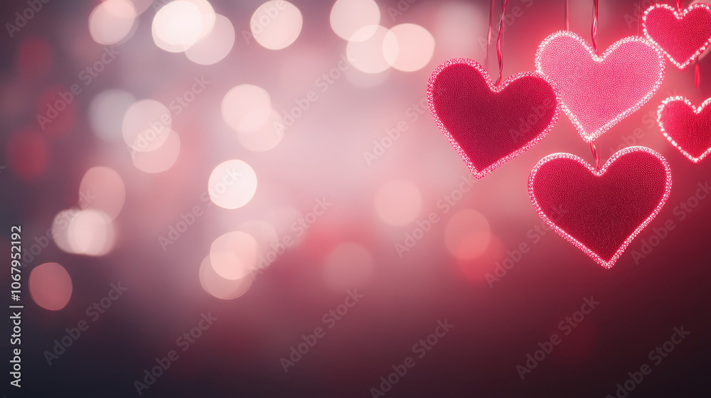 Hanging red hearts with soft bokeh background create romantic atmosphere, perfect for celebrations of love and affection Hanging red hearts with soft bokeh background create romantic atmosphere, perfect for celebrations of love and affection