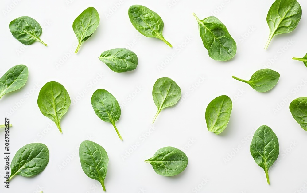 A group of baby spinach leaves spread across a white background, ready for a salad A group of baby spinach leaves spread across a white background, ready for a salad