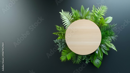 Aerial view of a round wooden table surrounded by plants in a dark office space photo