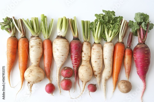 A group of freshly washed root vegetables spread out on a white background, ready for cooking photo