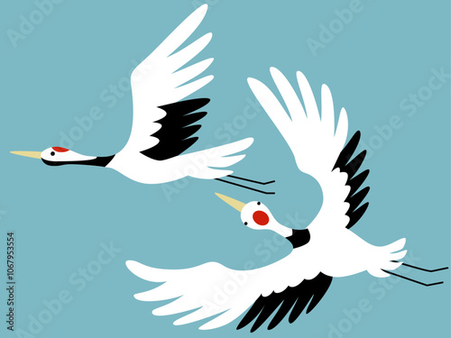 空を飛ぶ鶴のシンプルなイラスト素材