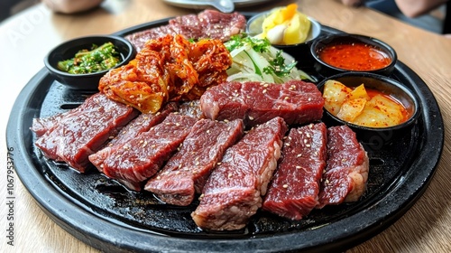 Sizzling beef steak served on a hot plate, accompanied by various delicious side dishes and sauces.