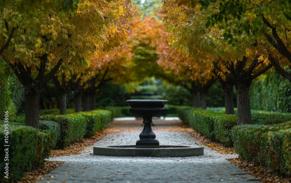 A group of ornamental trees surrounding a water fountain, enhancing the beauty of a landscaped garden A group of ornamental trees surrounding a water fountain, enhancing the beauty of a landscaped garden