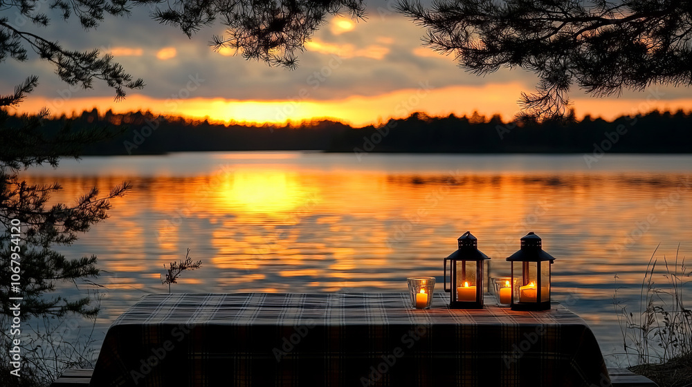 serene campsite scene with picnic table, lanterns, and sunset reflections