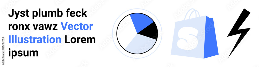 Text with a pie chart, shopping bag, and lightning bolt in black, white, and blue. Ideal for business, data analysis, e-commerce, technology, and marketing. Landing page Text with a pie chart, shopping bag, and lightning bolt in black, white, and blue. Ideal for business, data analysis, e-commerce, technology, and marketing. Landing page
