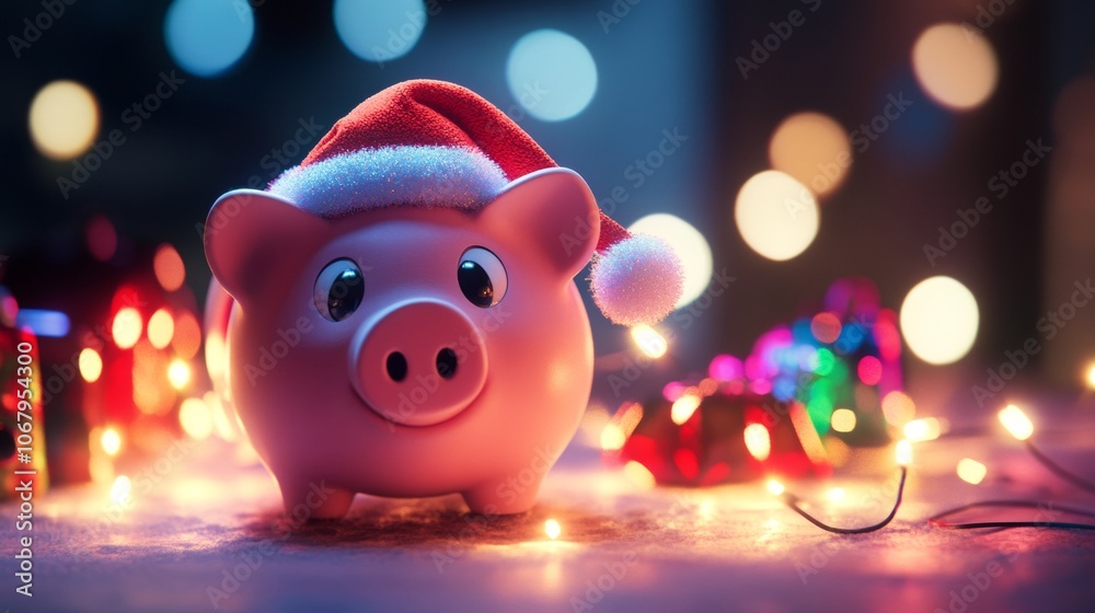 Pig piggy bank with Christmas hat at Christmas time Pig piggy bank with Christmas hat at Christmas time