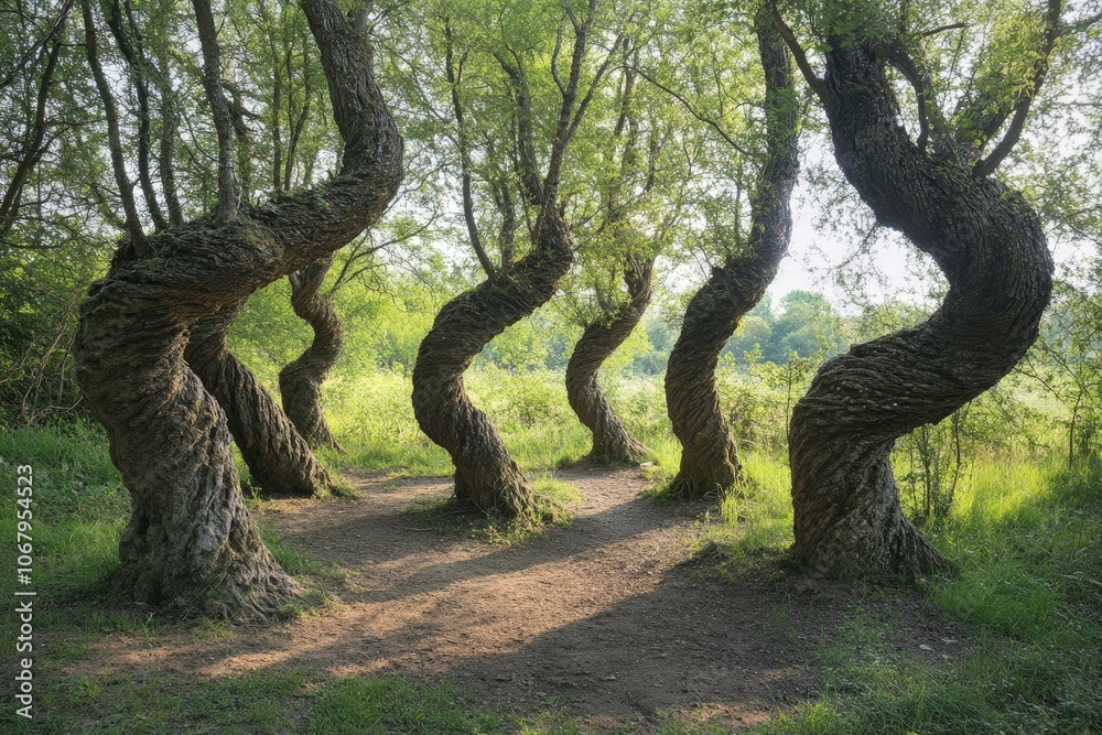 A group of trees with unusual, contorted shapes, each one forming a living sculpture in nature A group of trees with unusual, contorted shapes, each one forming a living sculpture in nature