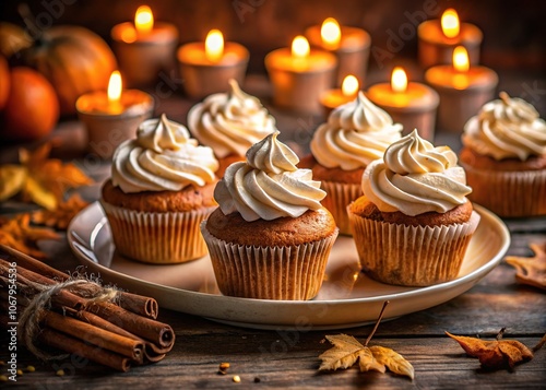 Low-light photography showcases the enticing texture of vegan pumpkin cupcakes.