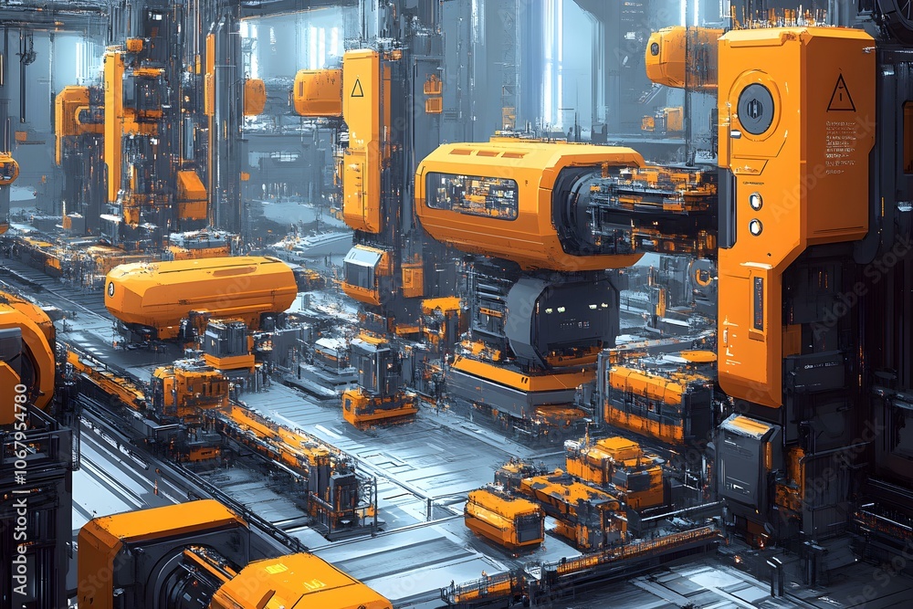 Large Industrial Building with Many Orange Machines Large Industrial Building with Many Orange Machines