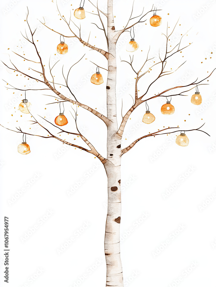 Fototapeta premium cheerful watercolor style birch tree with tiny hanging lanterns, showcasing whimsical and festive atmosphere. tree branches are adorned with warm, glowing lights, creating cozy ambiance