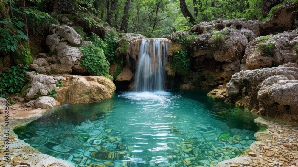 Naklejka premium A small waterfall cascades into a clear, turquoise pool surrounded by rocks and lush greenery. AI generative. .