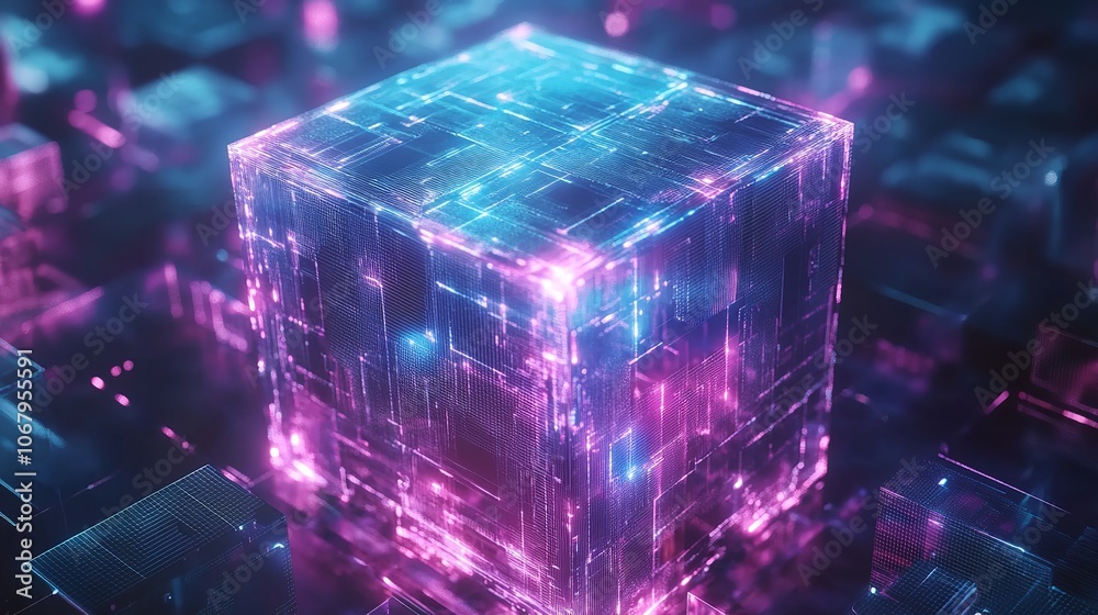 Abstract digital data cube in technology futuristic wireframe Abstract digital data cube in technology futuristic wireframe